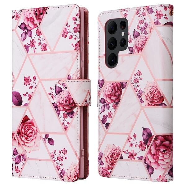 Marble Wallet Case For Samsung Galaxy S23 Ultra Card Holder Leather Flip Cover (Rose Gold)