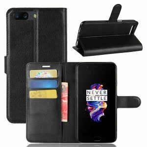 OnePlus 5 Black Wallet Card Pocket Leather Flip Case Cover
