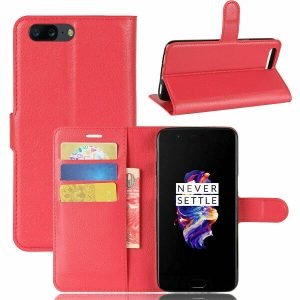 OnePlus 5 Red Wallet Card Pocket Leather Flip Case Cover