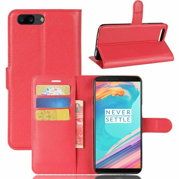 OnePlus 5T Red Wallet Card Pocket Leather Flip Case Cover