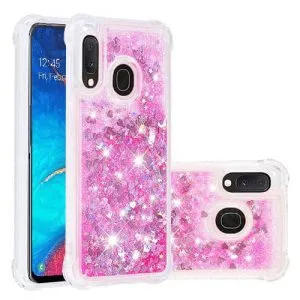 Samsung Galaxy A20 Smart Shockproof Dynamic Liquid Bumper Glitter Stars Case Cover (Pink)