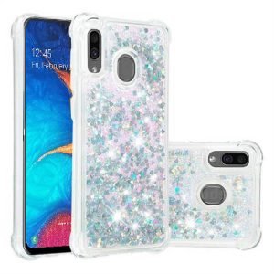 Samsung Galaxy A20 Smart Shockproof Dynamic Liquid Bumper Glitter Stars Case Cover (White)
