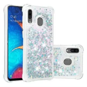 Samsung Galaxy A20 Smart Shockproof Dynamic Liquid Bumper Glitter Stars Case Cover (White)