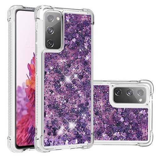 Samsung Galaxy S20 FE Smart Shockproof Dynamic Liquid Bumper Glitter Stars Case Cover (Purple)