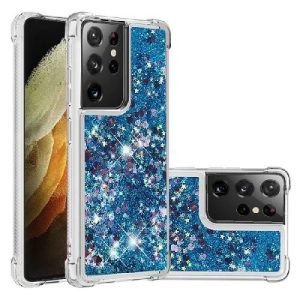 Samsung Galaxy S21 Ultra Smart Shockproof Dynamic Liquid Bumper Glitter Stars Case Cover (Blue)