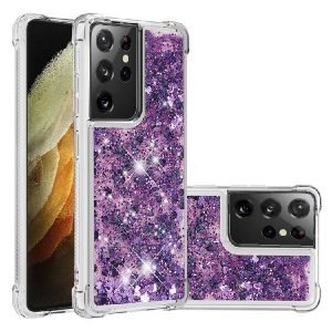 Samsung Galaxy S21 Ultra Smart Shockproof Dynamic Liquid Bumper Glitter Stars Case Cover (Purple)