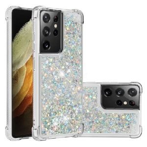 Samsung Galaxy S21 Ultra Smart Shockproof Dynamic Liquid Bumper Glitter Stars Case Cover (White)