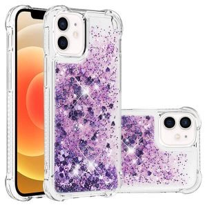 For Apple iPhone 12 mini Clear Gel Case Heavy Duty Shockproof Liquid Glitter TPU Silicone Back Cover (Purple)