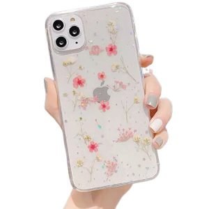 For Apple iPhone 12 Pro Smart Shockproof Dry Flower Glitter Life Proof TPU Back Cover Case (Pink)