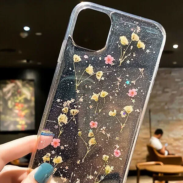 For Apple iPhone 12 Pro Smart Shockproof Dry Flower Glitter Life Proof TPU Back Cover Case (Purple)
