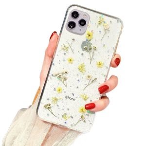 For Apple iPhone 12 Pro Smart Shockproof Dry Flower Glitter Life Proof TPU Back Cover Case (Yellow)