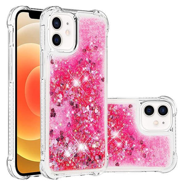Apple iPhone 12 mini Pink Glitter Clear Case Cover, Tempered Glass Screen Protector, Wallet Leather Flip, Charging Cable & Adapter. For Apple iPhone 12 mini Clear Gel Case Heavy Duty Shockproof Liquid Glitter TPU Silicone Back Cover (Pink)