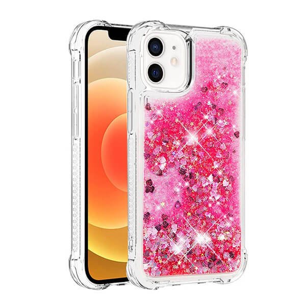 Apple iPhone 12 mini Pink Glitter Clear Case Cover, Tempered Glass Screen Protector, Wallet Leather Flip, Charging Cable & Adapter. For Apple iPhone 12 mini Clear Gel Case Heavy Duty Shockproof Liquid Glitter TPU Silicone Back Cover (Pink)