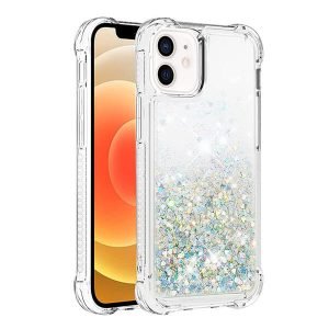 For Apple iPhone 12 mini Clear Gel Case Heavy Duty Shockproof Liquid Glitter TPU Silicone Back Cover (White)