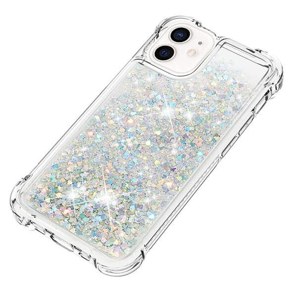 Apple iPhone 12 mini Pink Glitter Clear Case Cover, Tempered Glass Screen Protector, Wallet Leather Flip, Charging Cable & Adapter. For Apple iPhone 12 mini Clear Gel Case Heavy Duty Shockproof Liquid Glitter TPU Silicone Back Cover (White)