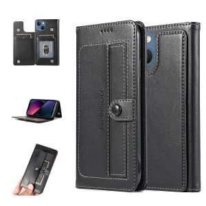 For Apple iPhone 13 Wallet Case Pro Style Heavy Duty Shockproof Card Holder Leather Flip Cover (Black)