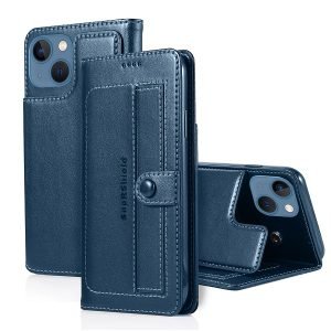 For Apple iPhone 13 Wallet Case Pro Style Heavy Duty Shockproof Card Holder Leather Flip Cover (Navy Blue)