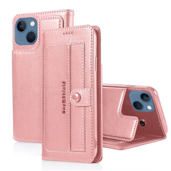For Apple iPhone 13 Wallet Case Pro Style Heavy Duty Shockproof Card Holder Leather Flip Cover (Rose Gold)