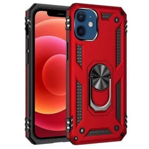 Apple iPhone 12 Mini Anti Scratch Rugged Magnetic Heavy Duty Kickstand Car Mount Ring Case Cover (Red)