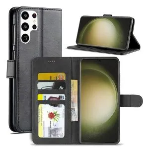 Samsung Galaxy S23 Ultra Wallet Case Flip Leather Card Slots Magnetic Stand Cover (Black)