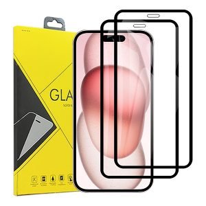 [2 Pack] Apple iPhone 15 Full Coverage Tempered Glass Screen Protector Film Guard (Black)
