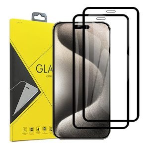 [2 Pack] Apple iPhone 15 Pro Full Coverage Tempered Glass Screen Protector Film Guard (Black)