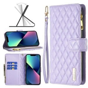For Apple iPhone 13 Diamond Quilted Leather Zipper Wallet Flip Protective Case Cover – Purple