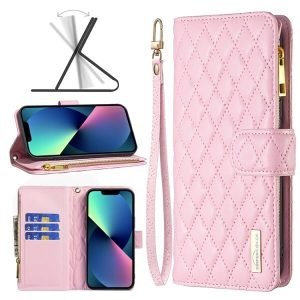 For Apple iPhone 13 Diamond Quilted Leather Zipper Wallet Flip Protective Case Cover – Rose Gold