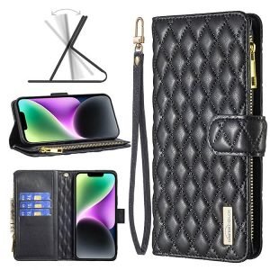 For Apple iPhone 14 Diamond Quilted Leather Zipper Wallet Flip Protective Case Cover – Black