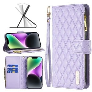 For Apple iPhone 14 Diamond Quilted Leather Zipper Wallet Flip Protective Case Cover – Purple