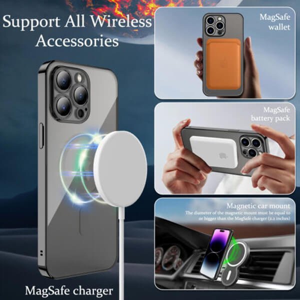 For Apple iPhone 14 Pro MagSafe Magnetic Case with HaloLock Shockproof Military Grade Protection Scratch Resistant Back Clear Protective Cover (Black)
