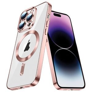 For Apple iPhone 14 Pro Max MagSafe Magnetic Case with HaloLock Shockproof Military Grade Protection Scratch Resistant Back Clear Protective Cover (Rose Gold)