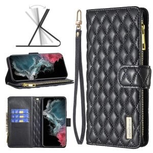For Samsung Galaxy S22 Ultra Diamond Quilted Leather Zipper Wallet Flip Protective Case Cover – Black