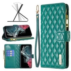 For Samsung Galaxy S22 Ultra Diamond Quilted Leather Zipper Wallet Flip Protective Case Cover – Green