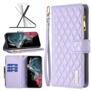 For Samsung Galaxy S22 Ultra Diamond Quilted Leather Zipper Wallet Flip Protective Case Cover – Purple