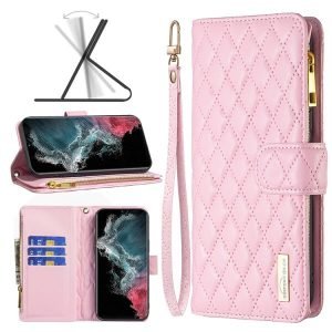 For Samsung Galaxy S22 Ultra Diamond Quilted Leather Zipper Wallet Flip Protective Case Cover – Rose Gold