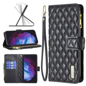 For Samsung Galaxy S23 Diamond Quilted Leather Zipper Wallet Flip Protective Case Cover – Black
