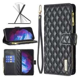 For Samsung Galaxy S23 Diamond Quilted Leather Zipper Wallet Flip Protective Case Cover – Black