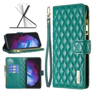 For Samsung Galaxy S23 Diamond Quilted Leather Zipper Wallet Flip Protective Case Cover – Green