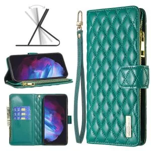 For Samsung Galaxy S23 Diamond Quilted Leather Zipper Wallet Flip Protective Case Cover – Green