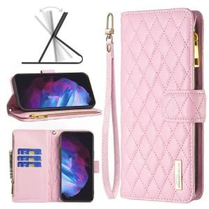 For Samsung Galaxy S23 Diamond Quilted Leather Zipper Wallet Flip Protective Case Cover – Rose Gold