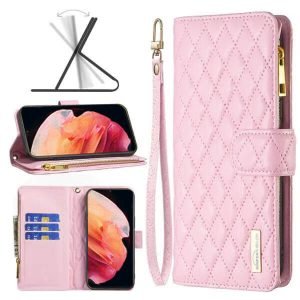 For Samsung Galaxy S23+ S23 Plus Diamond Quilted Leather Zipper Wallet Flip Protective Case Cover – Rose Gold