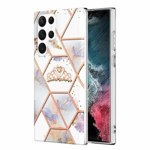 Samsung Galaxy S22 Ultra 5G Case Hard back Marble Pattern Slim Design Enhanced Camera and Screen Protection Girls and Women Cover (Pink Crown)