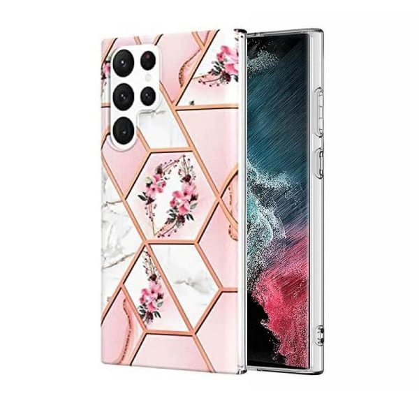 Samsung Galaxy S22 Ultra 5G Case Hard back Marble Pattern Slim Design Enhanced Camera and Screen Protection Girls and Women Cover (Pink Flower)