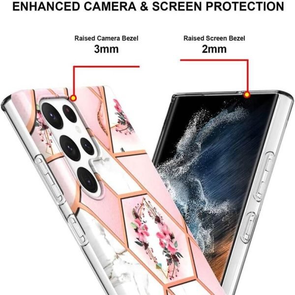 Samsung Galaxy S22 Ultra 5G Case Hard back Marble Pattern Slim Design Enhanced Camera and Screen Protection Girls and Women Cover (Pink Flower)