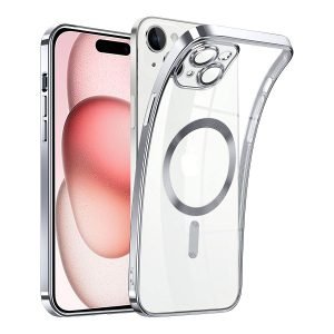 For Apple iPhone 15 MagSafe Magnetic Case with HaloLock Shockproof Military Grade Protection Scratch Resistant Back Clear Protective Cover (Silver)