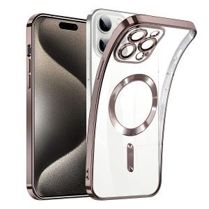 For Apple iPhone 15 Pro MagSafe Magnetic Case with HaloLock Shockproof Military Grade Protection Scratch Resistant Back Clear Protective Cover (Rose Gold)