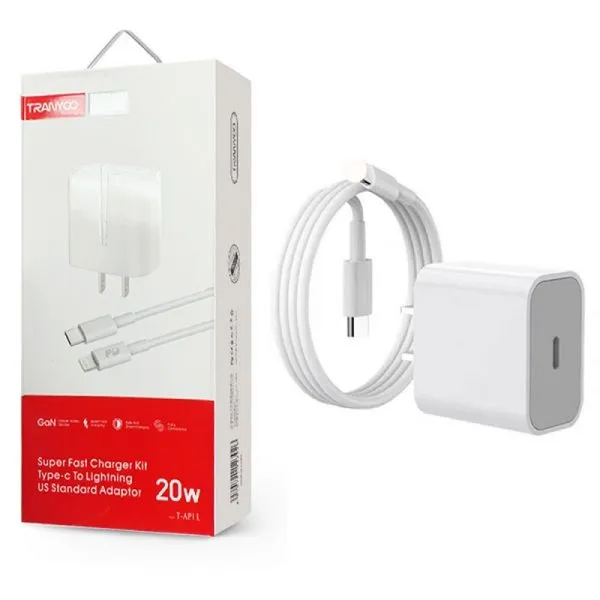 TRANYOO (AP1-L) 20W Wall Block Super Fast Charger Kit Type-c To Lightning US Standard Adaptor iPhone 14, 13, 12, 11 Pro Max, XR, iPad cable cord