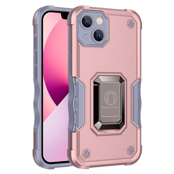 For Apple iPhone 14 Magnetic Ring Rugged Shockproof Case Heavy Duty Protective Case (Rose Gold)