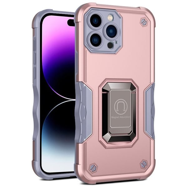 For Apple iPhone 14 Pro Magnetic Ring Rugged Shockproof Case Heavy Duty Protective Case (Rose Gold)
